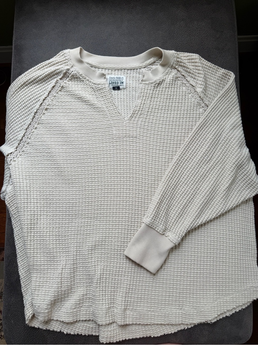 American Eagle Big Hug Notch Neck Waffle Sweatshirt - Beige